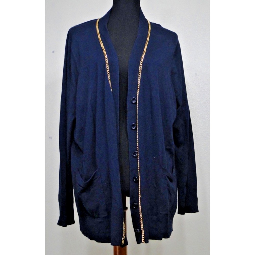 Eloquii Sweater Cardigan Nautical Navy Blue Knit Gold Chain Button Up Size 22/24